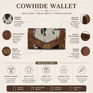 Western Hair On Cowhide Floral Tooled Leather Wallet for Women Turn Lock Clutch Purse Handmade Cowgirl Fashion Organizer purse - Product Image 5