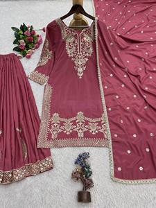 Conjunto de Traje Sharara para Mujer con Bordado Dorado, Vestido de Boda Tradicional Indio Pakistaní, Traje de Poliéster Largo Hasta el Suelo - Product Image 4