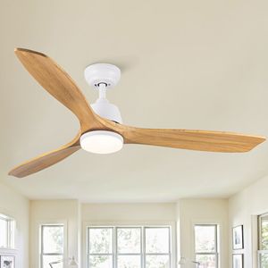 Ventilatore da soffitto a LED da 52 pollici per interni con luce e telecomando, 3 pale in legno massello giallo - Product Image 1