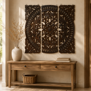 Ensemble de 3 panneaux muraux sculptés à la main en bois de manguier, art mural décoratif en bois pour salon, chambre et décoration intérieure - Product Image 4