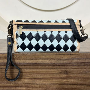 2025 Western Black & White Checkered Style Tooled Leather Mujer Estilo único Piel de vaca genuina Crossbody Wristlet Clutch & Purse - Product Image 5