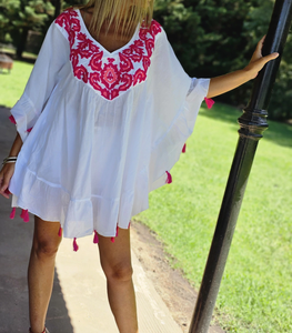 White Boho Floral Embroidered Breathable Chiffon <b>Kaftan</b> Dress with Tassel Details Loose Fit O-Neck <b>Summer</b> Mini Casual Wear - Product Image 3