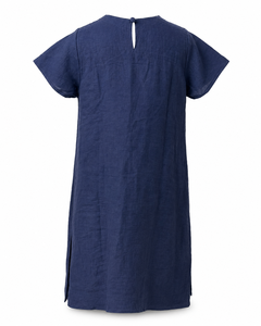 Vestido Maxi Vintage Azul de Lino y Algodón Orgánico, Manga Corta, Silueta Recta, Bordado Floral, Dobladillo Asimétrico, Casual - Product Image 2