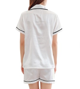 Women <b>White</b> Short Sleeve Pajama <b>Set</b> With Black Trim Turn-down Collar Cotton Casual Sleepwear Summer Shorts Style - Product Image 1