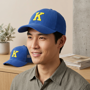 Casquette de camionneur en maille bleue avec broderie K jaune, ajustable, six panneaux, unisexe, décontractée - Product Image 4