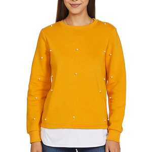 Sweat-shirt en tricot jaune moutarde pour femme, col rond, avec perles, coupe classique, manches longues, vêtement décontracté pour l'automne - Product Image 4