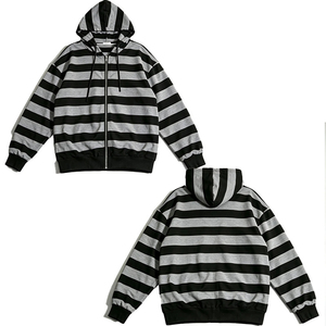 Sweat-shirt à capuche unisexe rayé à fermeture éclair noir et gris à manches longues décontracté - Product Image 2
