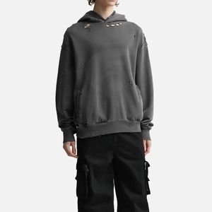 Sudadera con Capucha para Hombre, Corte Regular, 100% Algodón, Felpa Francesa, Impermeable, 300g, Lavado Desgastado, Color Negro Sólido, Informal, Invierno - Product Image 6