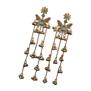 Pendientes colgantes de mariposa dorada con piedra turquesa y borlas de campanas – Pendientes étnicos vintage para mujer, joyería de moda - Product Image 2