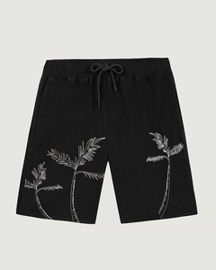 Shorts Bermuda Noirs pour Hommes, Taille Mi-Haute, Cordon de Serrage, Coton Brodé Palmiers, Style Décontracté - Product Image 1