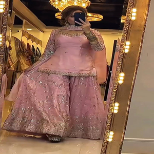 Topselling Traditional Pink Silk <b>Top</b>-Sharara Dupatta Set Pakistani Embroidery <b>Sequins</b> Work Ready Wear Diwali Wedding Wear - Product Image 2