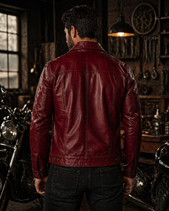 Veste de motard en cuir véritable rouge pour homme, col rabattu, fermeture à boutons, coupe ajustée, imperméable, respirante, coupe-vent pour l'hiver - Product Image 2