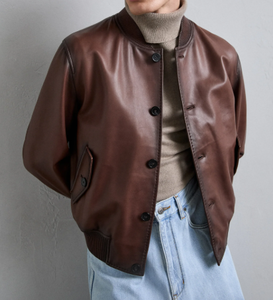 Men's <b>Brown</b> Genuine <b>Leather</b> Bomber <b>Jacket</b> Turn-down Collar Zipper Closure Regular Fit Autumn Wear - Product Image 4