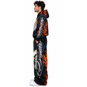 Ensemble survêtement de qualité supérieure avec imprimé Aigle Flammé, coupe ample, sweat à capuche zippé et pantalon avec poches latérales - Product Image 3