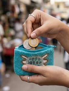 Porte-monnaie en perles motif tortue, style bohème, fermeture éclair, fait main, mini, unisexe, motif turquoise - Product Image 5