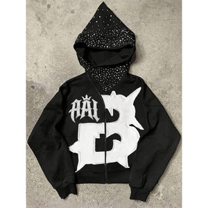 Custom Goth/Streetwear <b>Rhinestone</b> Hoodies Heavyweight Full-Zip <b>Jacket</b> with Custom Applique Patches Pullover Cropped Manufacturer - Product Image 1