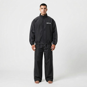 Conjunto Deportivo Casual para Hombre, Chaqueta Cortavientos de Nailon con Cierre Completo y Pantalones, Cuello Alto, Ropa Deportiva Negra, Traje de Dos Piezas - Product Image 1