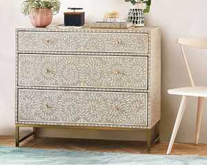 Commode à tiroirs grise en os incrusté, motif floral, dernière collection, en nacre et os incrustés, pour salon, pour le marché américain - Product Image 6