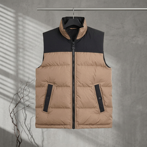 Men's <b>Brown</b> Puffer <b>Vest</b> With Black Trim Zipper Closure Windproof Casual Winter Jacket Regular Fit Stand Collar Polyester Filling - Product Image 2