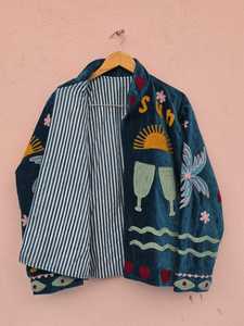 เสื้อแจ็คเก็ตกำมะหยี่สีน้ำเงินเขียวขจีปักลายซูซานี งานแฮนด์เมดระดับพรีเมียม ลายพระอาทิตย์ สไตล์โบโฮ คาร์ดิแกนสำหรับผู้หญิง ชุดสวยงามสไตล์ยูนิเซ็กส์ เสื้อคลุม - Product Image 3