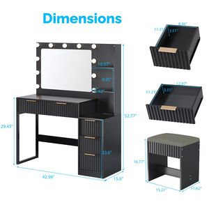 Set Toeletta con 5 Cassetti e 2 Ripiani, Finitura Melaminica Nera, in Truciolato, con 11 Lampadine Tricolore e Multipresa, per Trucco - Product Image 5