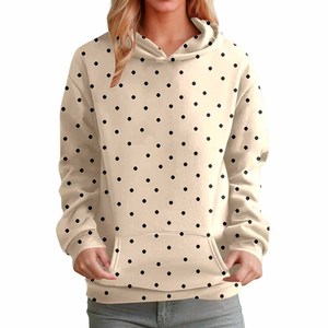 Sweat-shirt à capuche à pois crème pour femmes, manches longues, décontracté, avec poches, en coton tricoté, pour l'automne - Product Image 4