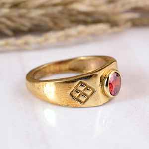 Wholesale Vintage Brass Signet <b>Ring</b> 14K Gold Plated Bold <b>Statement</b> Handmade Red Zircon Boho Hippie Style Daily Wear Unisex - Product Image 2