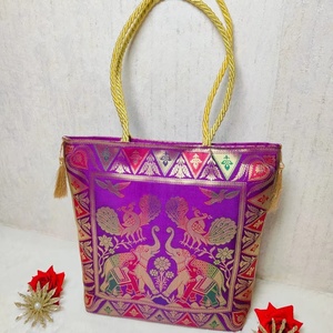 Purple Banarasi Silk Handbag with Traditional <b>Elephant</b> and Peacock Meenakari Weaving Gold Zari Work & Twisted Braided Handles - Product Image 1