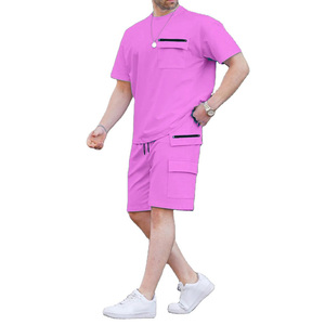 Summer New Men Casual Solid Color Short Sleeved Round Neck T shirt and Shorts <b>Set</b> Multi Pocket Fashionable Commuting 2 <b>Pc</b> <b>Set</b> - Product Image 5