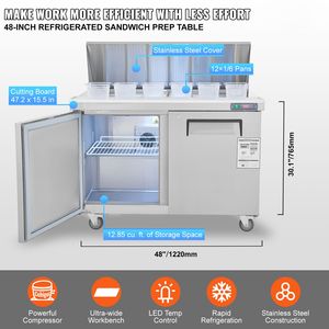 Tavolo Commerciale per Preparazione Sandwich e Insalate da 48 Pollici, 12,85 Cu. Ft. Stazione di Preparazione Alimenti in Acciaio Inox Ft - Product Image 2