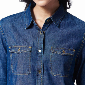 Wholesale Women Denim Shirts Button Flap Pockets Raw Blue Solid Vintage Style Winter/Spring/Summer Casual <b>Tops</b> High Quality - Product Image 5