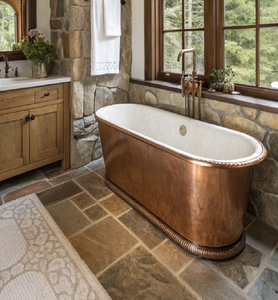 Baignoire profonde en cuivre antique avec moulures décoratives et vue sur les montagnes, disponible à prix de gros. - Product Image 3