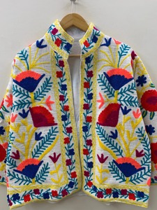 Chaqueta de Algodón con Bordado Floral Bohemio, Cuello Mandarín, Manga Larga, Talla Grande, Ropa Exterior Informal para Mujer, Primavera - Product Image 2
