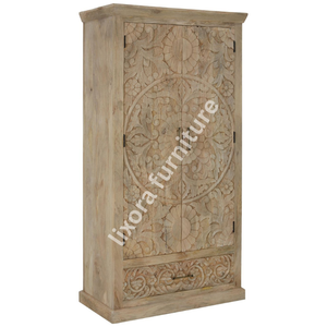 Luxury Handcrafted Solid Wood 2 Door <b>Wardrobe</b> Ornate Floral Mandala Carving Natural Mango Finish - Product Image 4