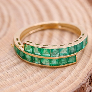 14K Solid Yellow Gold Natural <b>Emerald</b> Bypass <b>Ring</b> Channel Set Square Gemstone Handmade Wedding <b>Band</b> Fine Jewelry Wholesale - Product Image 5