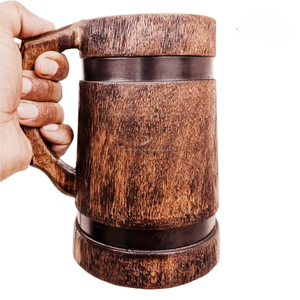 Chope à bière en bois fabriqué à la main avec des bandes métalliques | Tasse à boire rustique de style baril | 20 quantité minimale de commande | Logo personnalisé disponible - Product Image 3