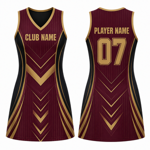 Uniforme de netball sans manches personnalisé pour femmes, couleur bordeaux et or, impression par transfert thermique, respirant, léger, durable, service OEM personnalisé - Product Image 1
