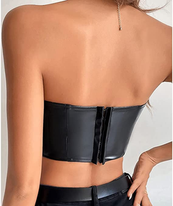 OEM Custom Women's Fashion Wet-Look Black Cow Hide Leather <b>Sexy</b> Strapless <b>Bralette</b> Lace Top Breathable Solid Pattern Short - Product Image 4