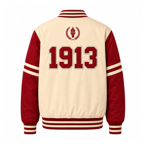 เสื้อแจ็คเก็ตบอมเบอร์ Delta Sigma Theta สีครีม แขนสีแดง พิมพ์ลายปี 1913 ด้านหลัง ซิปหน้า สไตล์ Preppy สำหรับผู้ชาย เสื้อแจ็คเก็ตสไตล์วิทยาลัย - Product Image 3