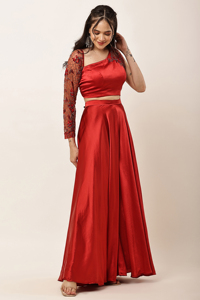 Elegant <b>Red</b> Satin One Shoulder Embroidered <b>Crop</b> <b>top</b> and Sharara Set Evening Dress Solid color Handmade Beads work - Product Image 5