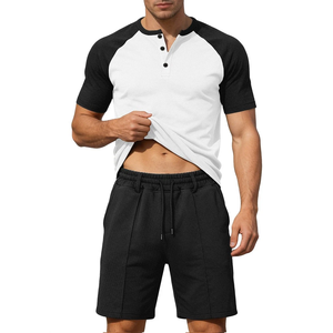 Conjunto de 2 Piezas para Hombre, Camisa Henley de Manga Corta y Pantalones Cortos de Playa para Verano, 100% Algodón, Tela de Velour - Product Image 1