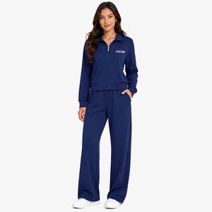 Ensemble de survêtement pour femme avec veste zippée intégrale et pantalon droit, bleu marine, vêtements de sport décontractés, logo personnalisé, vêtements de détente, fabricant en gros - Product Image 1