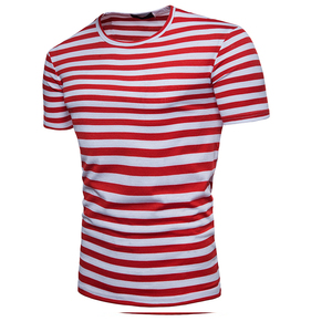 T-shirt décontracté pour homme à manches courtes, col rond, rayé rouge et blanc, coupe classique - Product Image 2