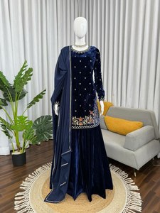 Dark Blue Color Multi Coding & Sequence Work <b>Viscose</b> Velvet <b>Fabric</b> Light Weight Three Piece Dress Salwar Suit At Wholesale Rate - Product Image 6