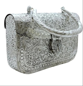 Traditional Handcrafted <b>Silver</b> Plated Metal <b>Clutch</b> With Intricate Embossed Floral Design And Matching Rigid Handle Wholesale - Product Image 1