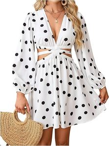 Minivestido de manga larga con estampado tropical para mujer, con lazo en la espalda, ropa de resort - Product Image 1