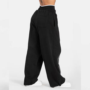 Pantalones Deportivos Anchos de Felpa de Algodón con Ribete, Diseño Personalizado OEM, Color Negro, para Mujer - Product Image 2
