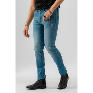 Jean en denim pour homme de haute qualité, respirant, en coton, coupe droite, style skinny, bleu délavé, taille mi-haute, grande taille, coupe ajustée pour l'été - Product Image 1