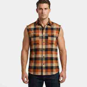 Nouvelle Arrivée Chemise à Carreaux en Flanelle Sans Manches pour Homme, Col Boutonné, Décontractée, en Coton Tissé Respirant, pour l'Automne - Product Image 1