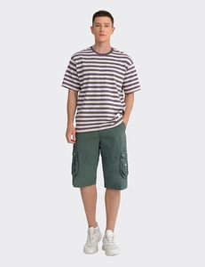 T-shirt rayé pour homme avec short cargo en toile 100 % coton, taille mi-haute élastique, respirant, style décontracté, longueur Bermuda - Product Image 1